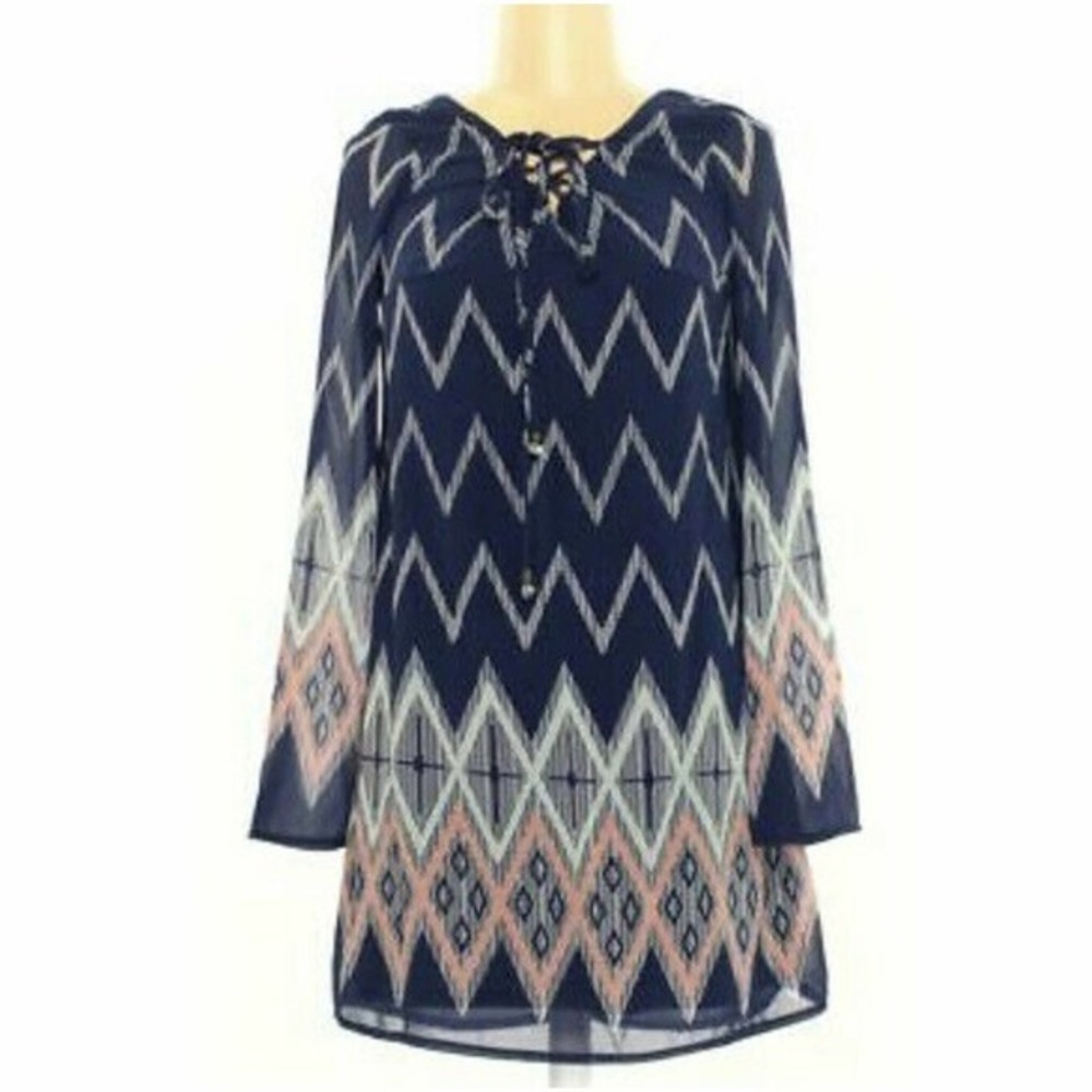 Xhilaration Tunic Dress Boho Flared Sleeves Size M Blue Pink Sheer